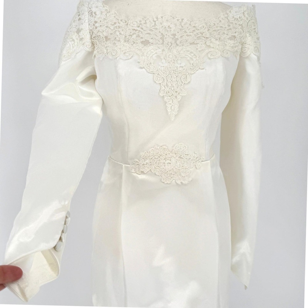 Vintage 90s Satin Lace Wedding Dress S Off Shoulder Long Sleeve Minimalist - Picture 4 of 15